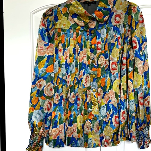 Radzoli Blue and Green Pleated Blouse with Peter Pan Collar - Picture 1 of 7